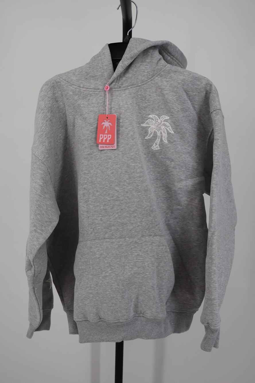 NEW Pink Palm Puff Hoodie Women's Gray Embroidered Pocket Pullover Size S